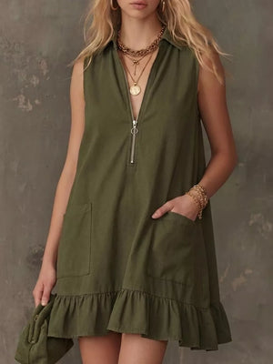 Army green zip-front collared dress with ruffle hem and pockets