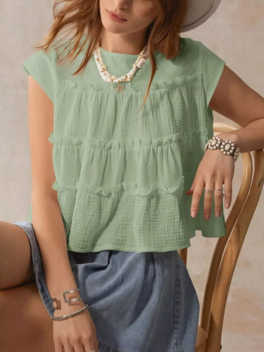 Relaxed tiered ruffle blouse in green