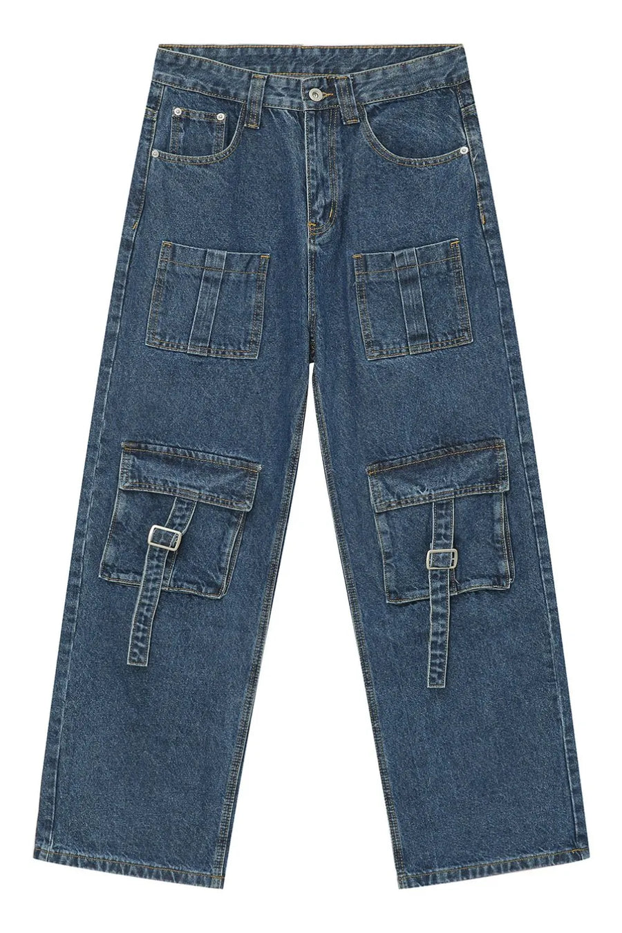 Medium wash denim cargo pants with buckle flap pockets and utility detailing.