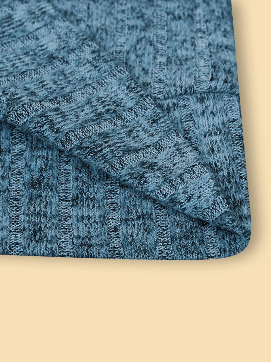 Blue textured V-neck knit long-sleeve top with ribbed details.