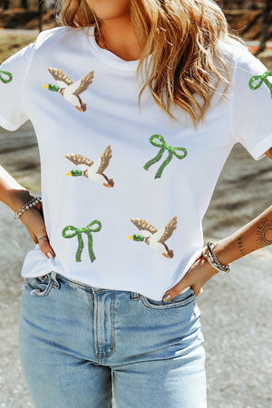 green t-shirt featuring sequin and graphic-print