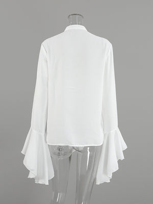 White ruffled flounce sleeve blouse with buttoned front detail.