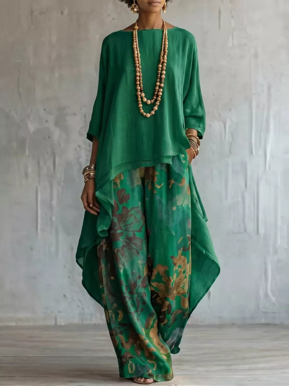 Sky Blue Asymmetrical Hem Top And Floral Pants Set
