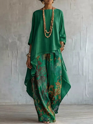 Sky Blue Asymmetrical Hem Top And Floral Pants Set