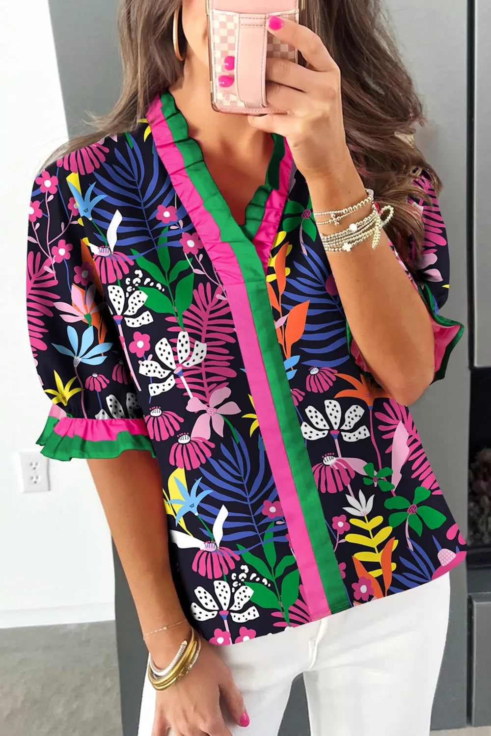 Floral frill v-neck shirt with striped accents and short sleeves, cotton blend.
