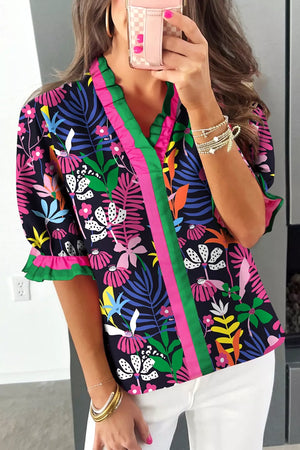 Floral frill v-neck shirt with striped accents and short sleeves, cotton blend.