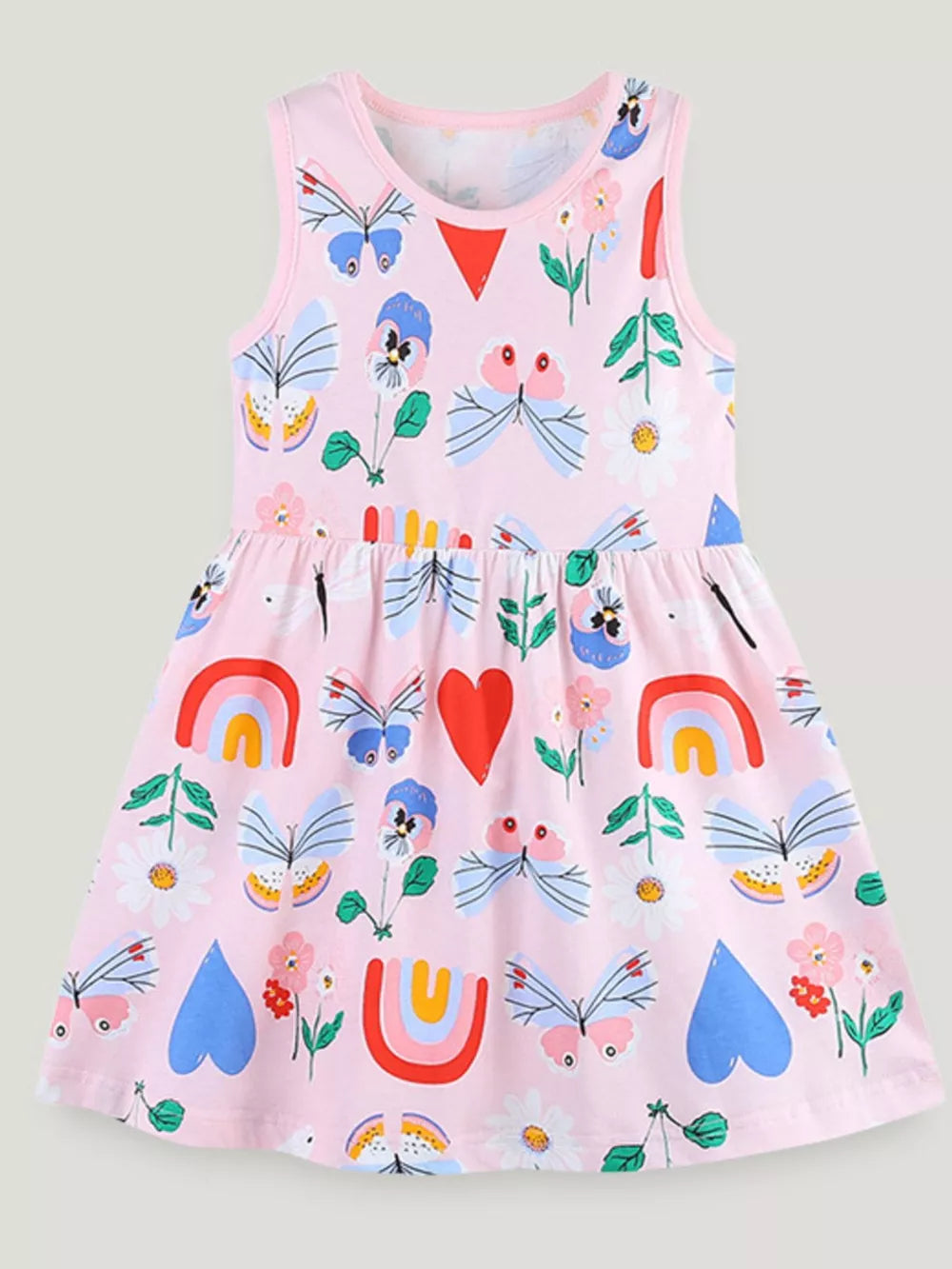 Pink cotton toddler dress with butterflies, rainbows, hearts, and flowers pattern.