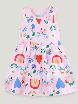 Pink cotton toddler dress with butterflies, rainbows, hearts, and flowers pattern.