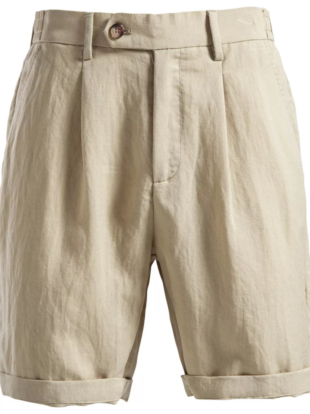 Classic khaki chino shorts with pleats, button closure, and cuffed hems.