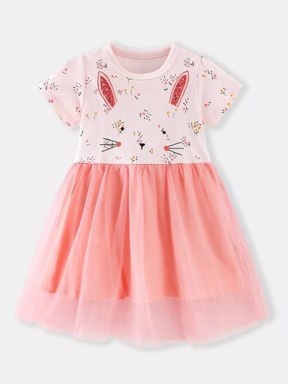 Pink bunny floral tulle toddler dress with short sleeves and a round neckline.