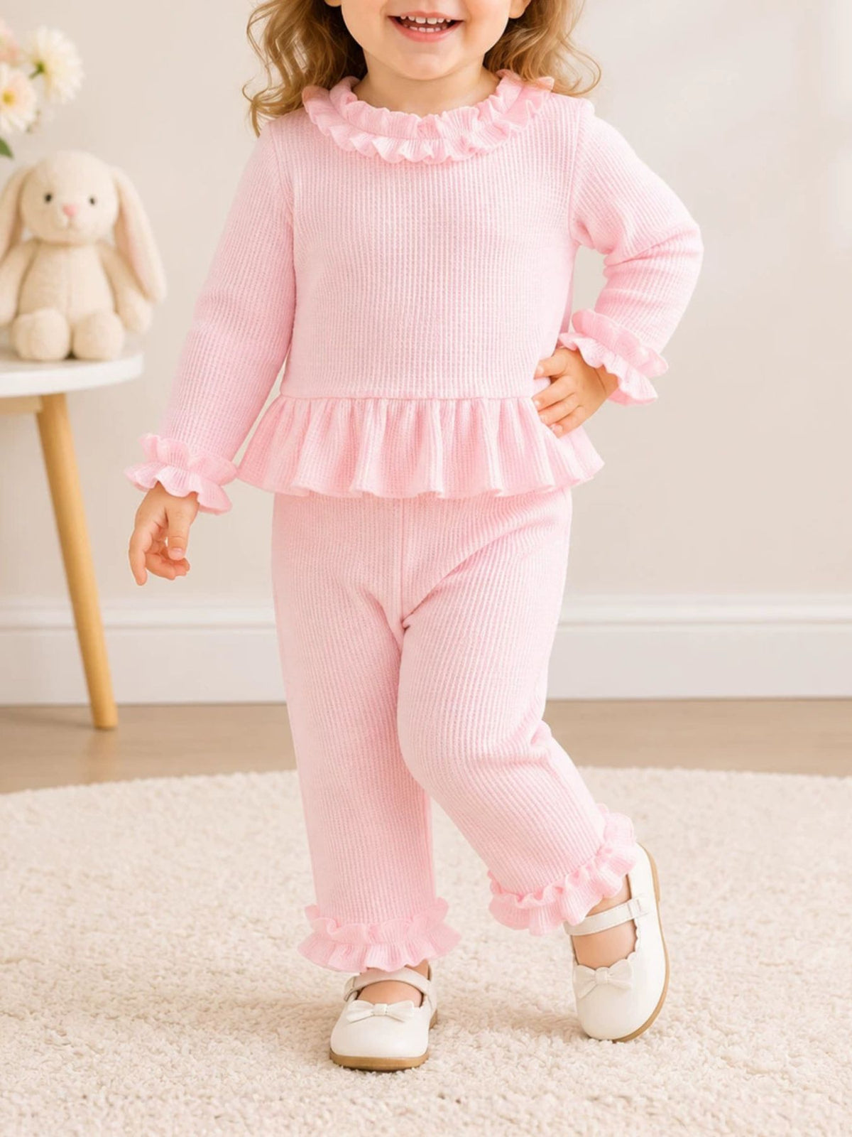 cream pajama set with hip-length, full-length and pullover, elastic