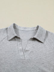 Grey polo collar loungewear top with V-neck detail in soft polyester fabric.