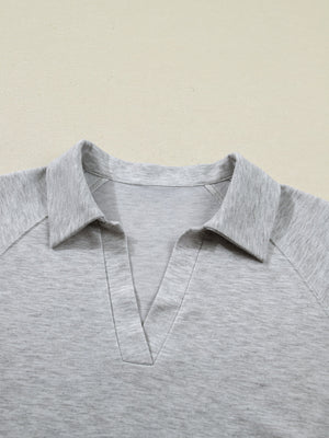Grey polo collar loungewear top with V-neck detail in soft polyester fabric.