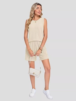 Apricot ribbed knit sleeveless top and shorts set with pockets.