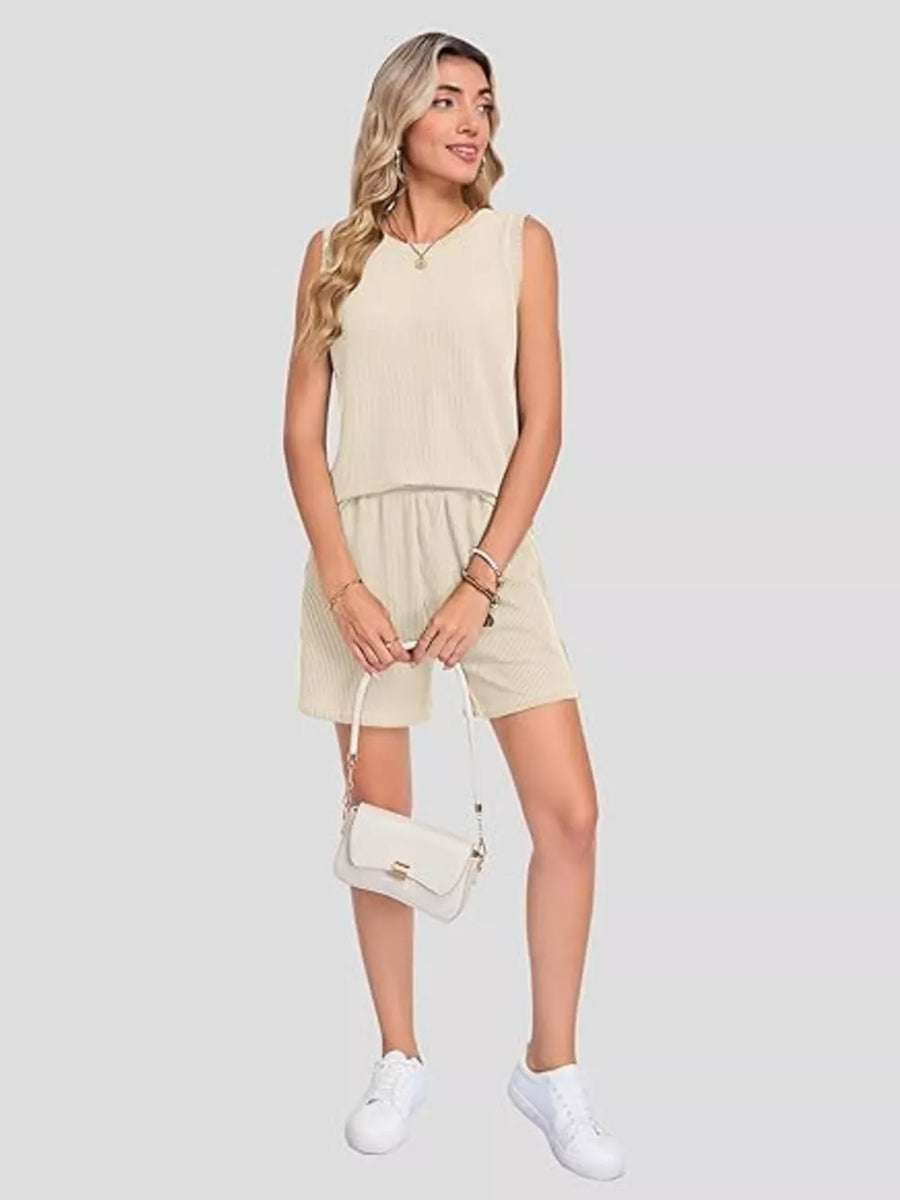 Apricot ribbed knit sleeveless top and shorts set with pockets.