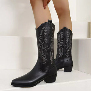 Black embroidered mid-calf western boots with block heels and pointed toe.