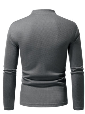 Men's dark gray waffle knit long sleeve t-shirt with a mock neck.