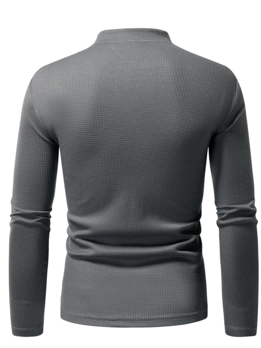 Men's dark gray waffle knit long sleeve t-shirt with a mock neck.
