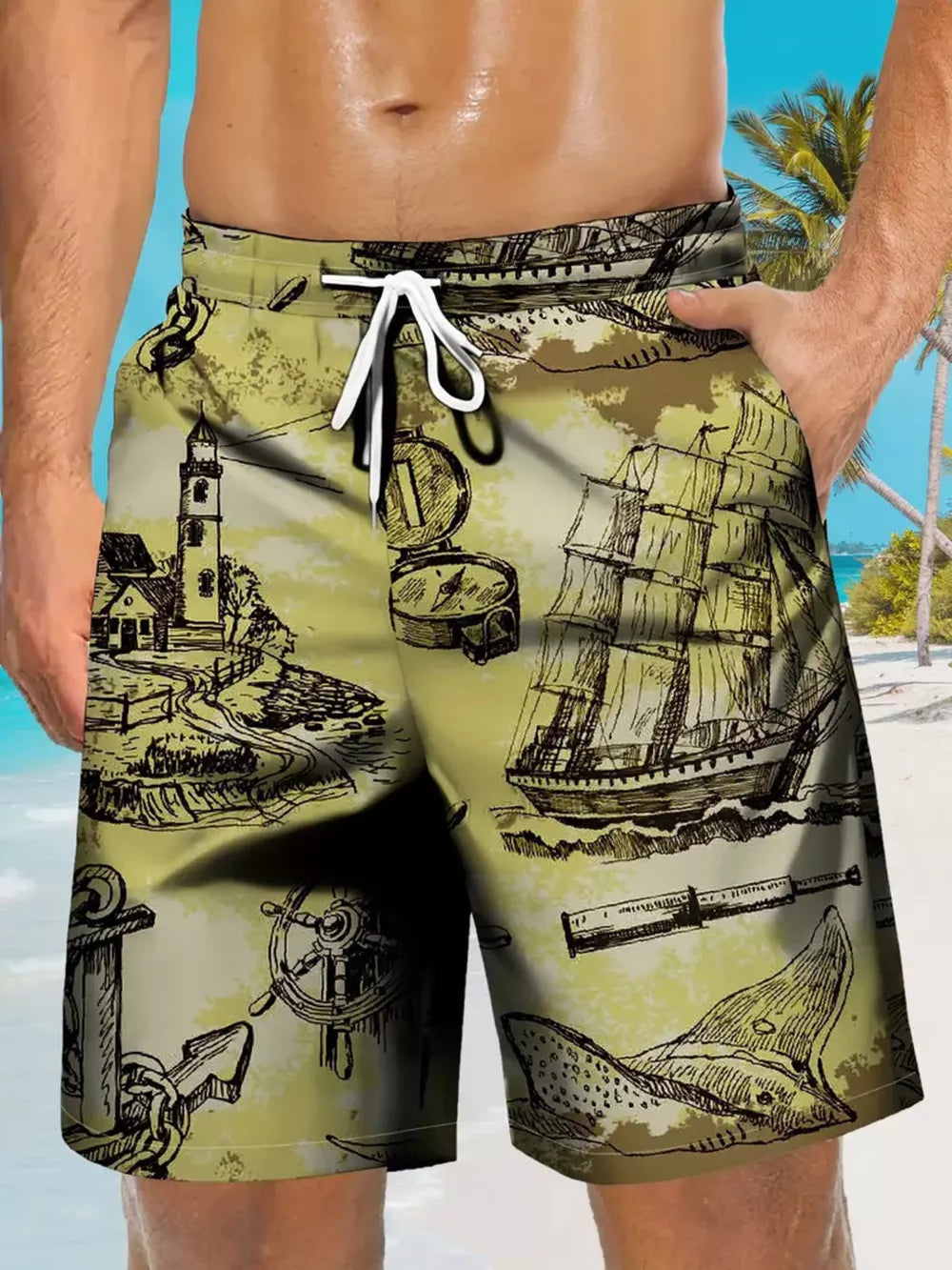 Tan Men's Full Size Drawstring Pocketed Shorts