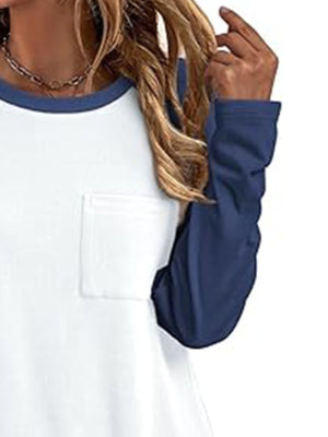 White long sleeve t-shirt with dark blue sleeves and neckline, featuring a chest pocket.