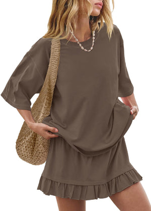 Brown relaxed fit tee and ruffled skirt set with short sleeves and a crew neck.