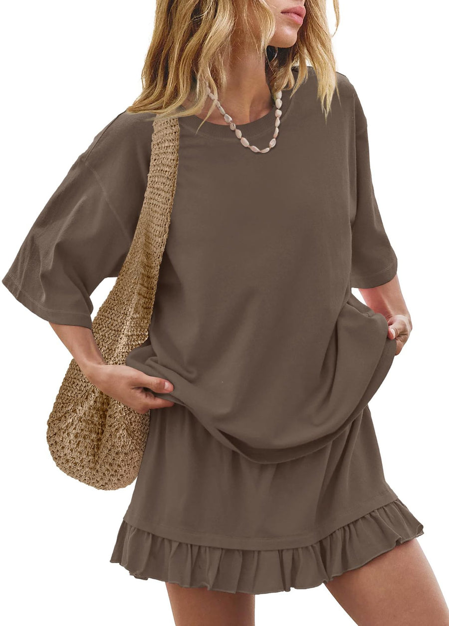 Brown relaxed fit tee and ruffled skirt set with short sleeves and a crew neck.