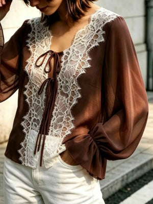 Sheer Lace-trimmed Front Tie Blouse in Wine Red