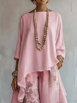 Asymmetrical Hem Top And Floral Pants Set in Green