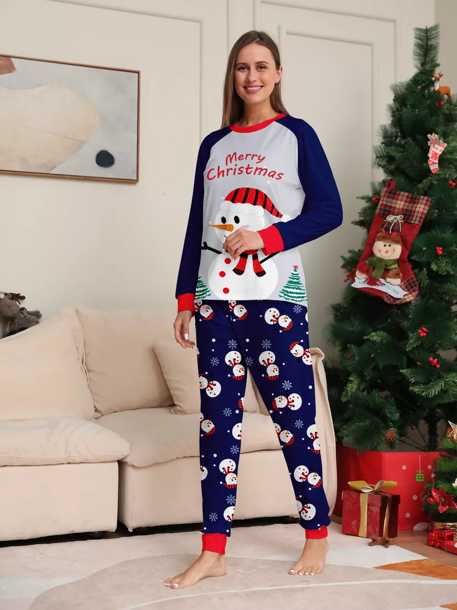 light gray pajama set featuring raglan sleeves and snowman print