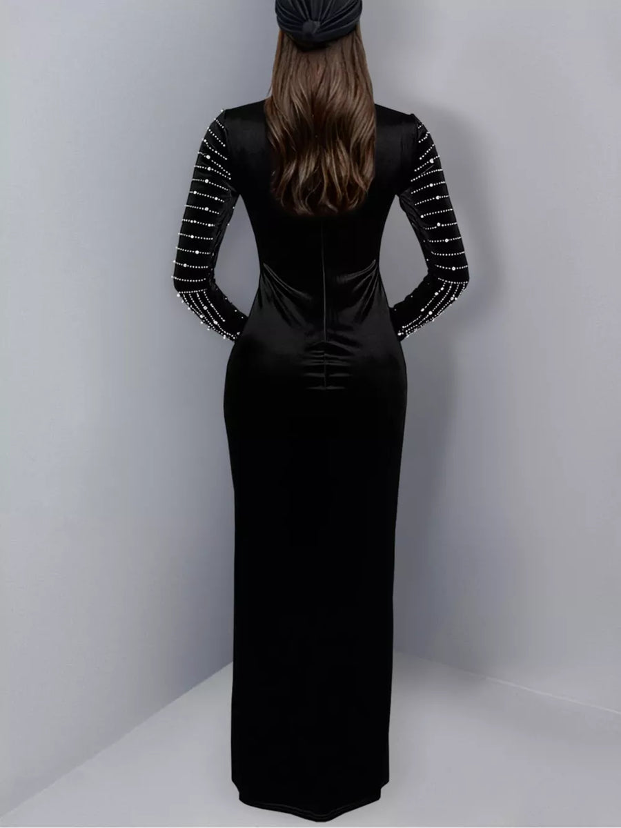 silver maxi dress featuring rhinestone embellishment and geometric