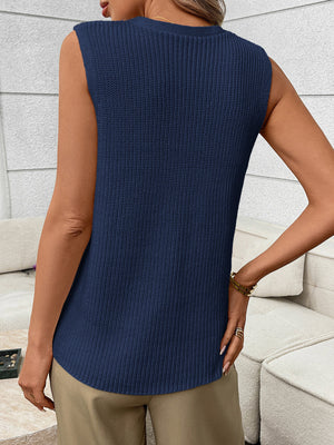 Navy button-down knit sweater vest with pockets, sleeveless, crew neck, ribbed texture