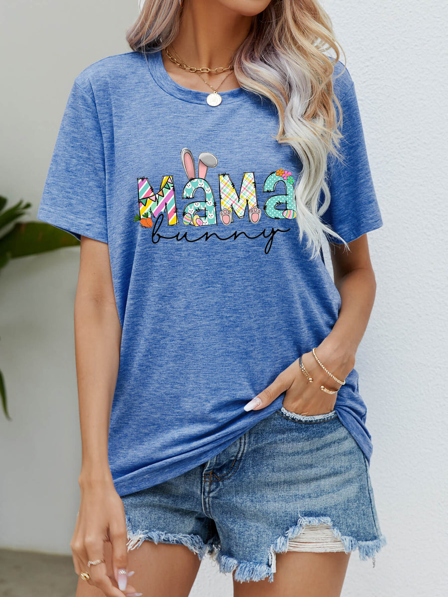 Cobalt blue maternity t-shirt with "Mama Bunny" graphic and bunny ears.
