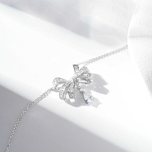 925 Sterling Silver Zircon Bow Teardrop Necklace in Silver with bow design