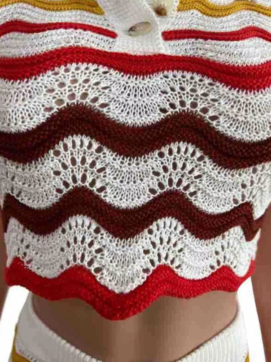 Crochet crop top with zigzag stripes in red, white, and brown, featuring open knit details and button front.