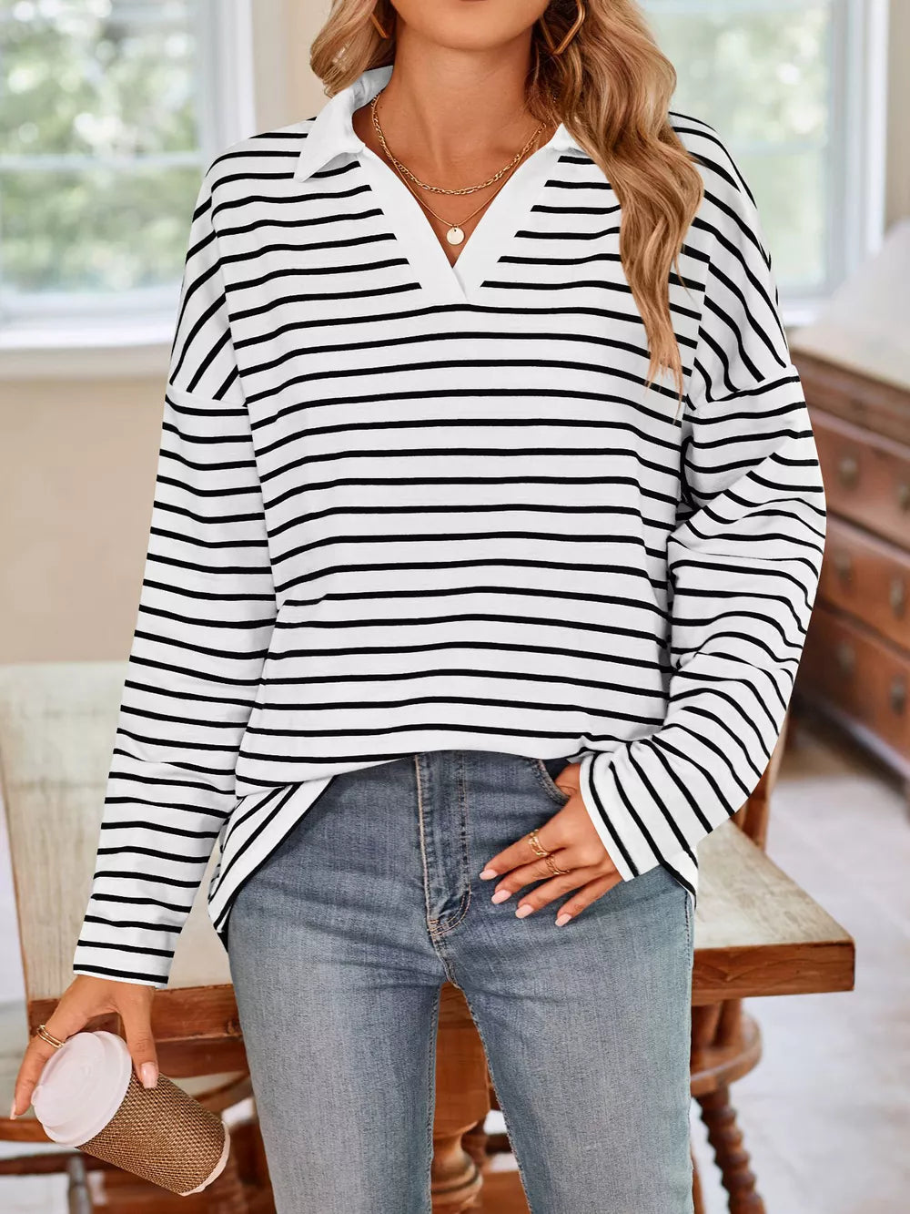 white t-shirt featuring stretch and striped