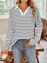 white t-shirt featuring stretch and striped