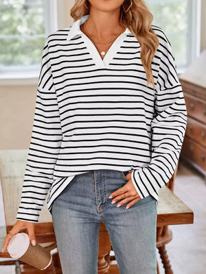 white t-shirt featuring stretch and striped