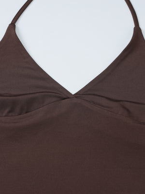 Coffee brown halter neck cami with twist detail at bust