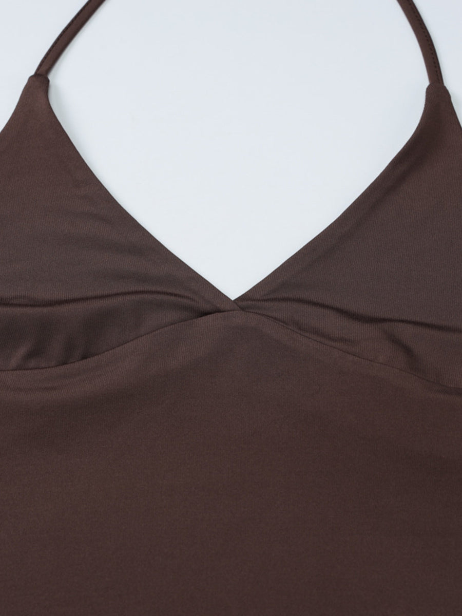 Coffee brown halter neck cami with twist detail at bust
