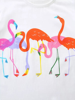 White cotton crew neck t-shirt with a playful flamingo print.