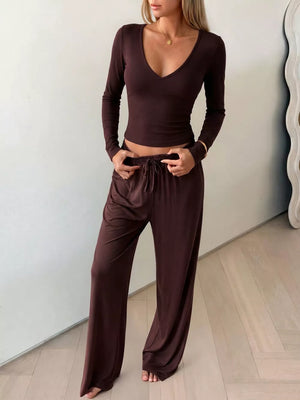 Brown V-neck Long Sleeve Top And Wide-leg Pants Set