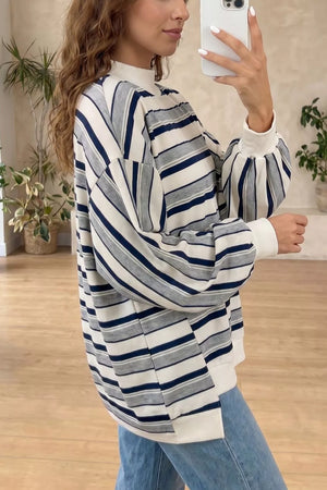Striped Ribbed Stand Neck Sweatshirt in Stripe