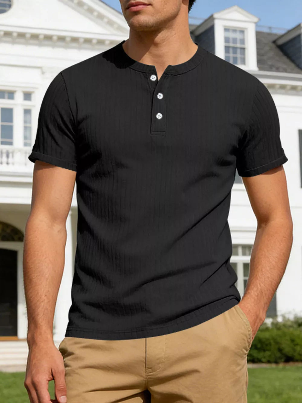 Black ribbed short sleeve henley shirt with button placket