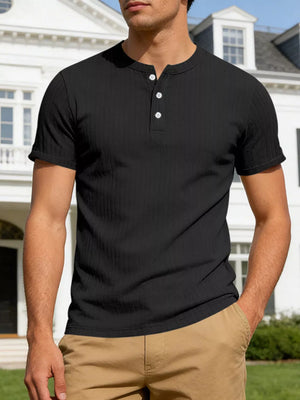 Black ribbed short sleeve henley shirt with button placket