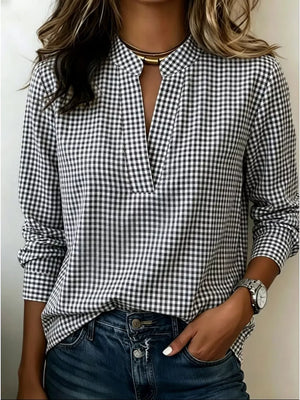 Full Size Plaid Notched Long Sleeve Blouse in Yellow