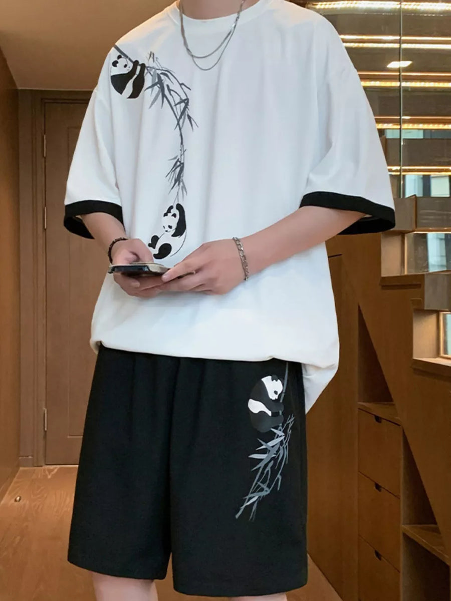 Black Men's Full Size Panda Bamboo Print Tee And Shorts Set