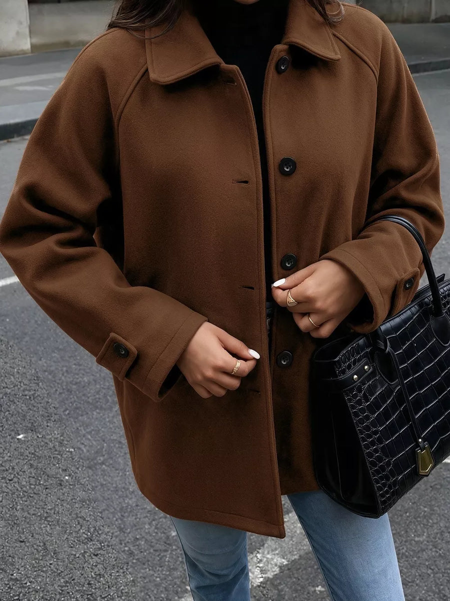 Coffee Brown overcoat with hip-length and button-front