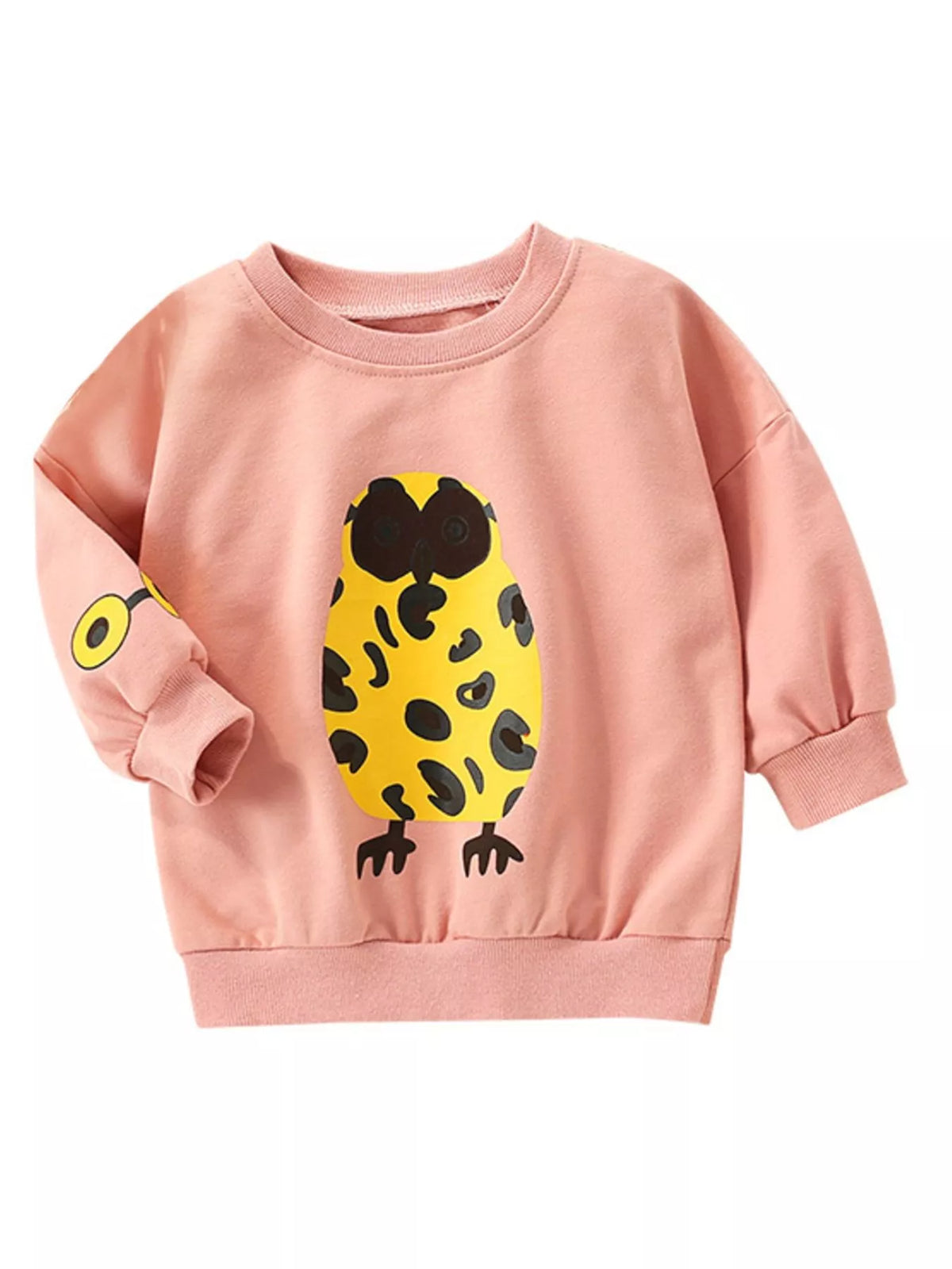 Dusty pink cotton sweatshirt with a yellow owl graphic and leopard print accents.