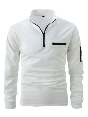 White mock neck zip-up sweatshirt with black trim welt pocket and sleeve pocket detail.