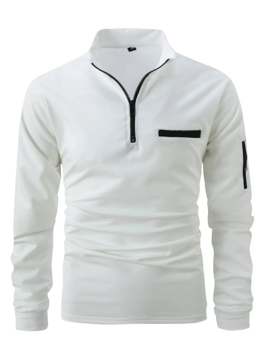 White mock neck zip-up sweatshirt with black trim welt pocket and sleeve pocket detail.
